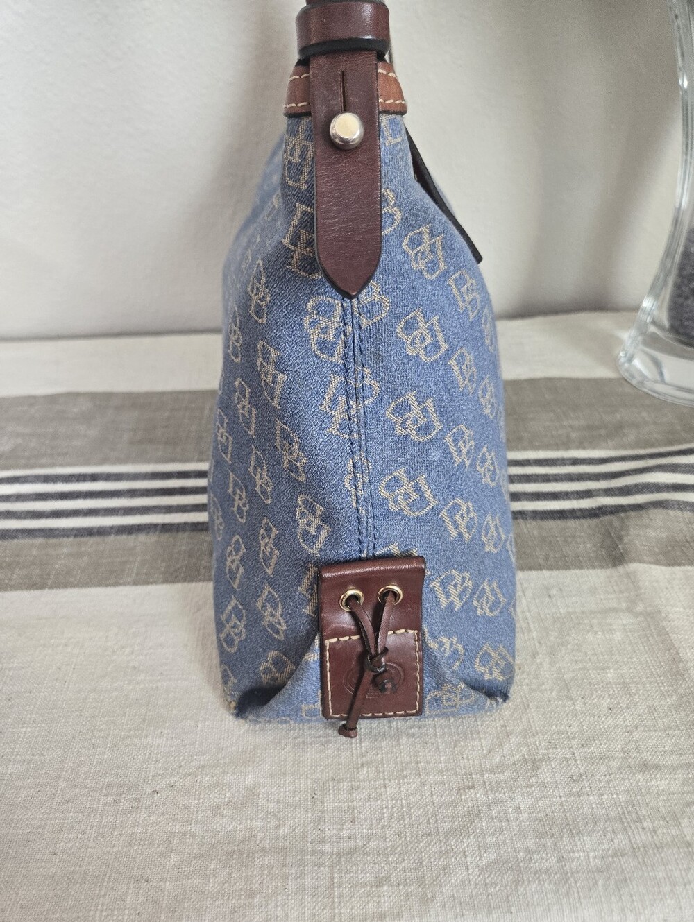 Dooney & Bourke Blue Denim Logo Hobo with Brown Trim, Medium East/West Slouch - Picture 7 of 17